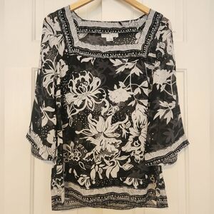 I.C.E. Floral Square Neck Black & White Sheer Elegant Botanical Print Top Size 6